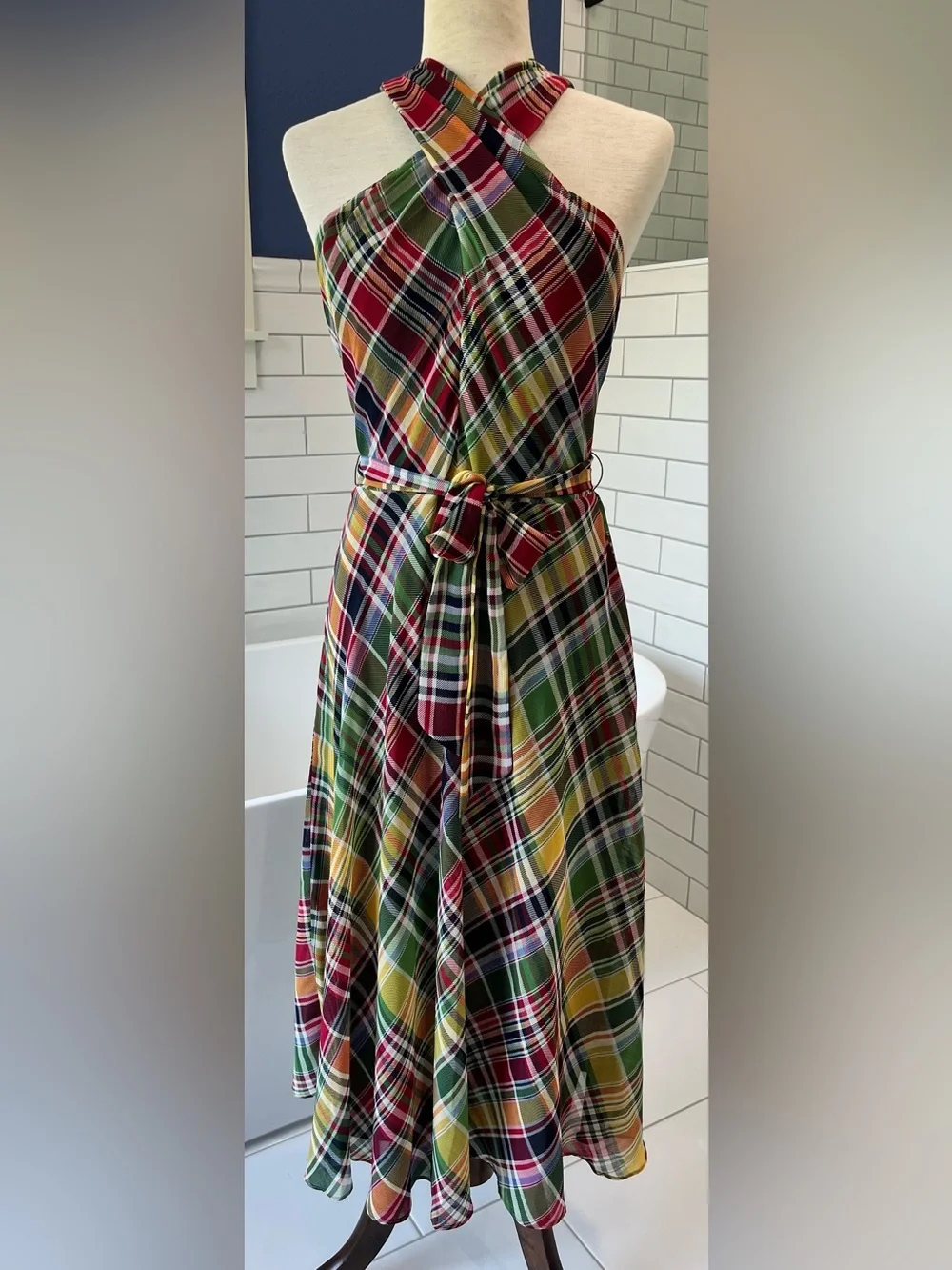 Lauren Ralph Lauren One-Shoulder Plaid Midi Dress in Green, Yellow and Red - Picture 7 of 10